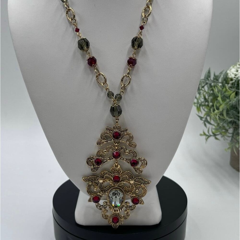 Sequin Vintage‎ Ornate Red Gray Rhinestone Pendant Victorian Long Necklace New